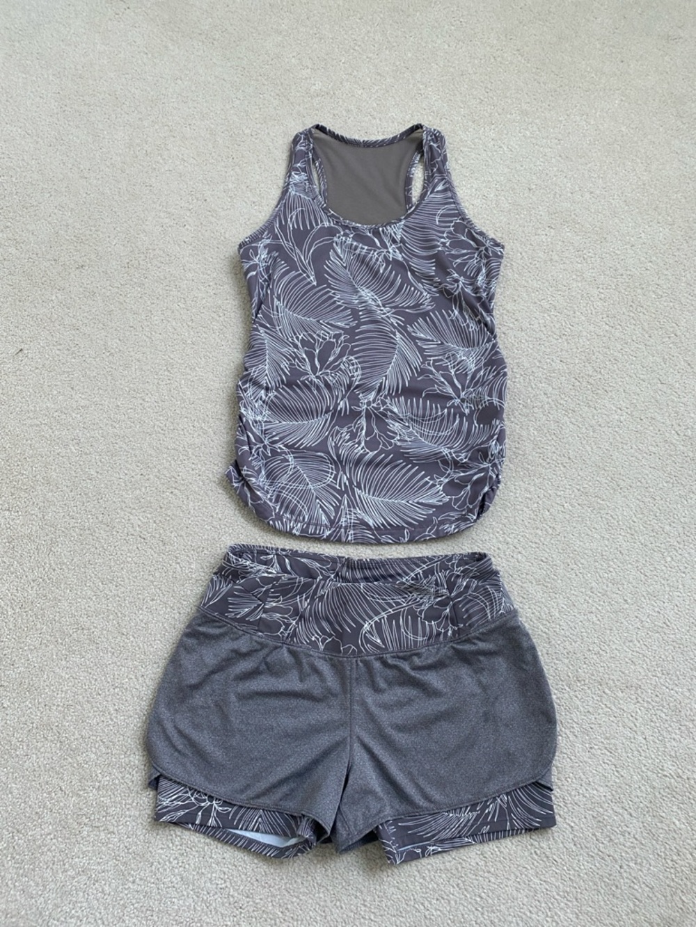 CALIA Gray Tropical Print Ruched Racerback Tank & Matching Athletic Shorts Set